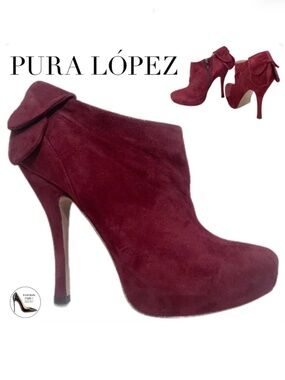 Pura Lopez Wine Red Suede Stiletto Heel Almond toe Ankle Boots Leather Booties